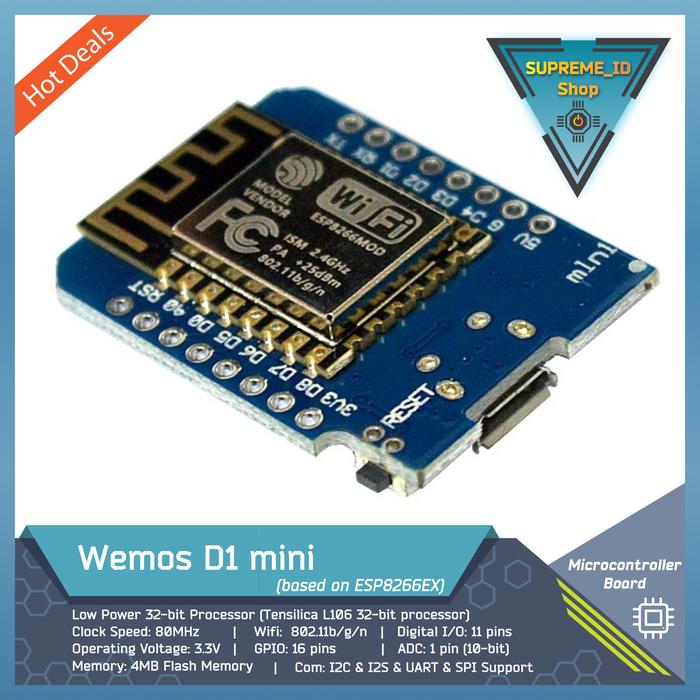 Gambar Wemos D1 mini ESP-12F ESP8266 Wifi Wireless IoT Microcontroller with Micro USB / USB Type-C - Clone Micro USB dari Supreme ID undefined Tokopedia