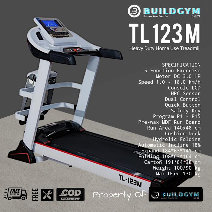 Treadmill Electric TL123 Elektrik TL-123 Automatic Incline Putih