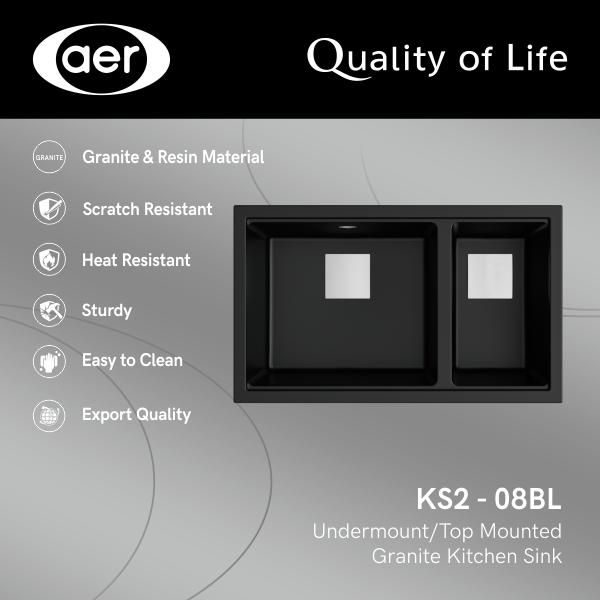 Gambar AER Kitchen Sink Bak Cuci Piring Dapur Granite 2 Bowl Topmount Undermount Flushmount Granit Granite Tech Top Under Flush Mount Kitchen Sink Black Granit  - Bak Cuci Piring KS2 - 08 (Black/White) Minimalis Putih - Hitam dari AER Sanitary Indonesia Kota Surabaya Tokopedia