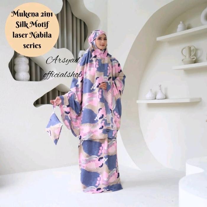 Gambar Mukena Dewasa 2 in 1 jumbo satin silk motif premium laser cut syahira - denim pink dari Arsyad galeri_NEW undefined Tokopedia