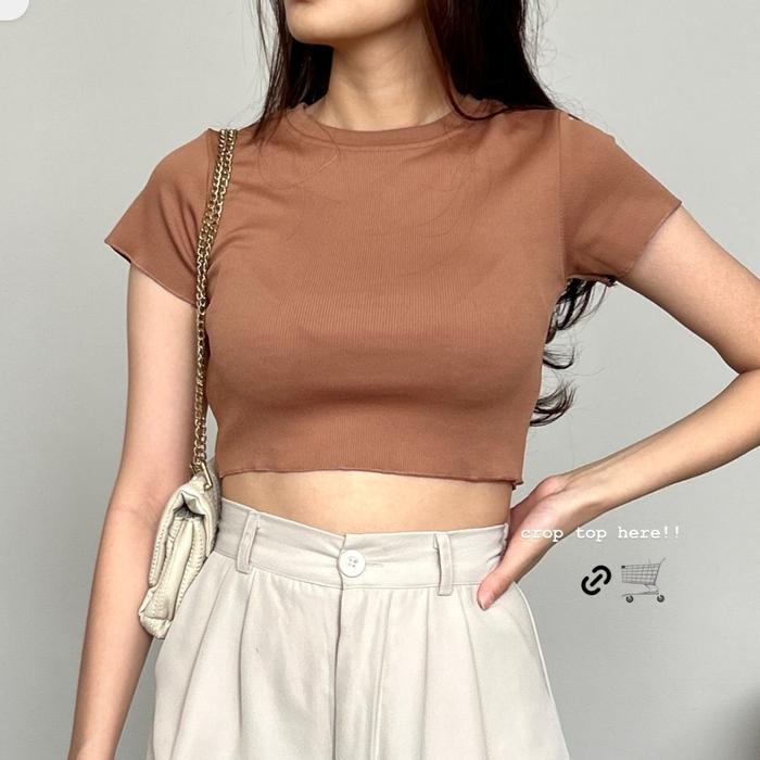 Gambar Basic Crop Top Wanita - Knit Rib Tebal Premium - Kaos Wanita - Brown, M dari Dee Stuff. undefined Tokopedia