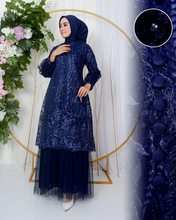 Gambar Gamis Muslim Wanita Bahan Tulle Mutiara Full Payet Resleting Belakang Warna Wardah - Navy, XXL dari KINDKEBAYA undefined Tokopedia