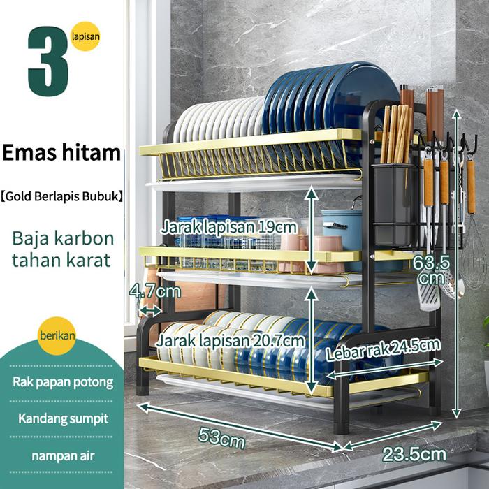 Gambar Rak Piring Dapur Stainless Steel Pengering Piring Multifungsi - 3 Tk Gold 53cm dari Hallo Living undefined Tokopedia