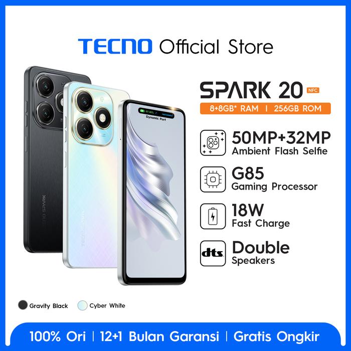 Gambar TECNO SPARK 20 NFC – 8/256GB, Stereo Dual Speaker, Dynamic Port 6,6” H - Gravity Black dari TECNO Indonesia Shop undefined Tokopedia