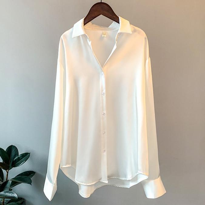 Gambar Cod New Fashion Satin Shirt For Women Black White Green Kemeja Satin - white, L dari choirumall undefined Tokopedia