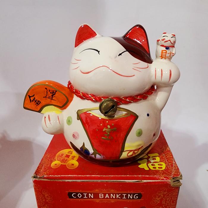 Gambar CELENGAN KUCING MANEKI NEKO LUCKY CAT PUTIH PIGGY BANK - PEGANG KIPAS dari MadisonShop undefined Tokopedia