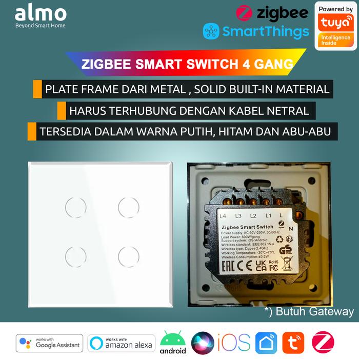 Gambar ALMO Tuya Zigbee Smart Switch 4 Gang Home Automation [Premium Quality] - Putih dari ALMO Home & Smart Living undefined Tokopedia