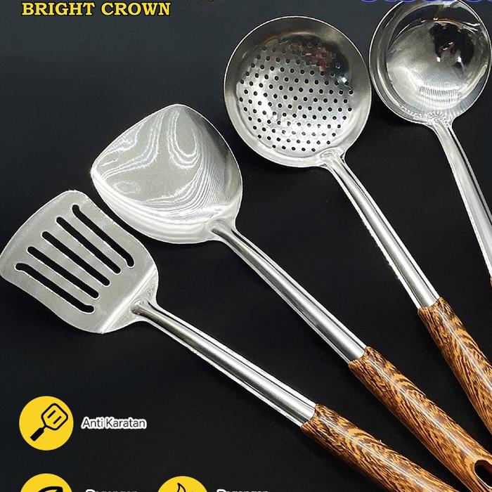 Gambar Bright Crown Spatula Sodet Stainless Steel Dengan Gagang Motif Kayu - 4in1Spatula dari Bright Crown Officiall Store undefined Tokopedia