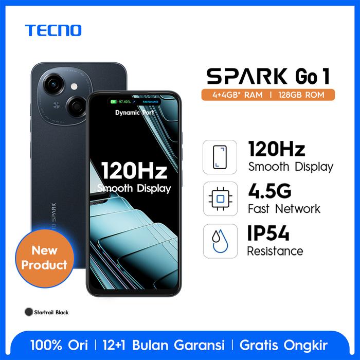 Gambar [BEST SELLER] TECNO SPARK Go 1 – 4+4GB*+128GB, 120Hz Display, T615+4.5G Network, 5000mAh+15W, IP54, Android 14, Garansi 12+1 Bulan - Startrail Black dari TECNO Indonesia Shop undefined Tokopedia