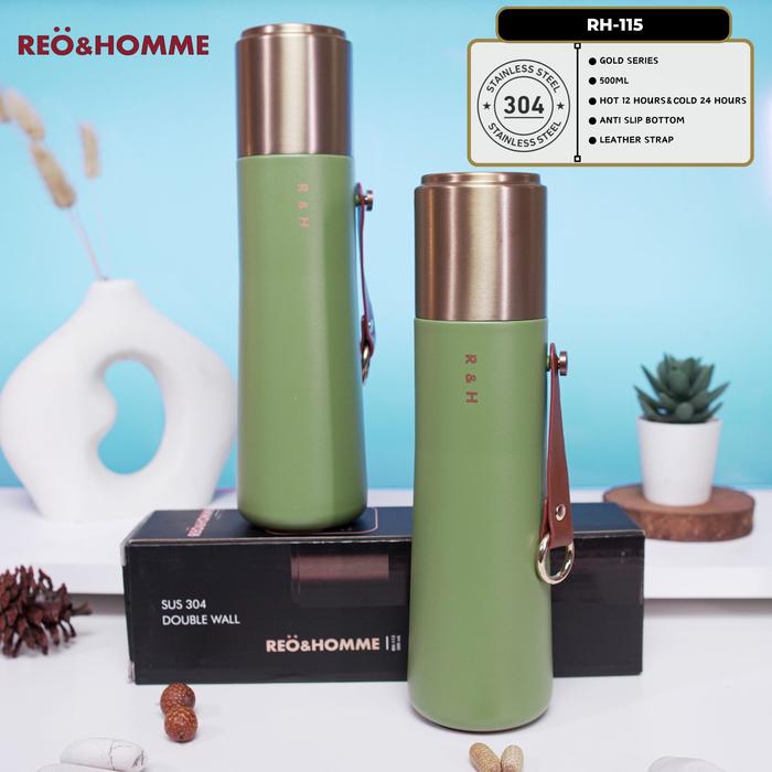 Gambar Reo&Homme Tumbler Tahan Panas & Dingin 18 Jam Vacuum Flask with Leather Strap 500 ML New Gold Series RH-115 - Green dari Reo & Homme Living undefined Tokopedia