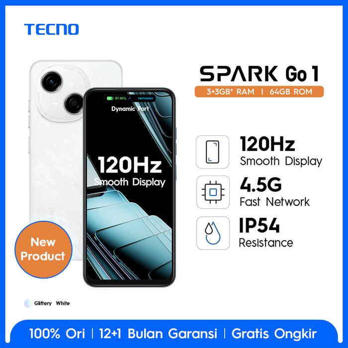 Gambar [BEST SELLER] TECNO SPARK Go 1 – 3+3GB*+64GB, 120Hz Display, 4.5G Fast Network, IP54 Resistance, Android 14Go, Garansi 12+1 Bulan - Glittery White dari TECNO Indonesia Shop undefined Tokopedia