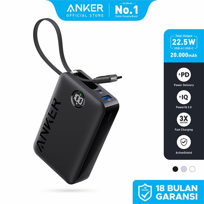 Gambar Anker Powerbank 20.000 mAh (22,5W Built-In USB-C Cable)–A1647 - Hitam dari Anker Surabaya undefined Tokopedia