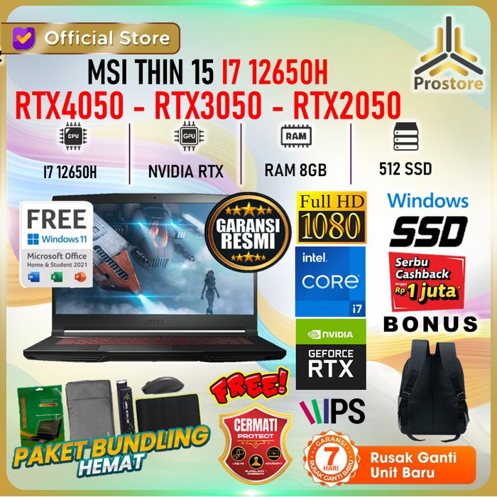 Gambar LAPTOP GAMING MSI THIN 15 I7 12650H RTX4050 RTX3050 RTX2050 16GB 1TB W11 15.6FHD 144HZ - RTX2050- 8/512, LAPTOP dari ProStoreComputer undefined Tokopedia