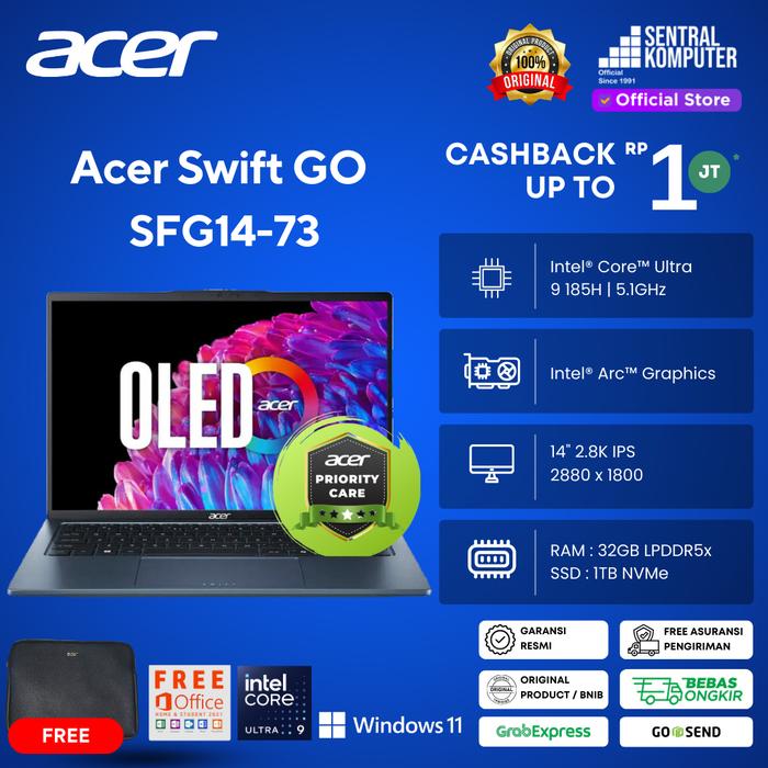 Gambar ACER Swift GO OLED EVO SFG14 73 9686 Ultra 9 185H 32/1TB SSD W11 OHS 14" 2.8K 90Hz Blue - Non Bundling dari Sentral Komputer Pusat undefined Tokopedia