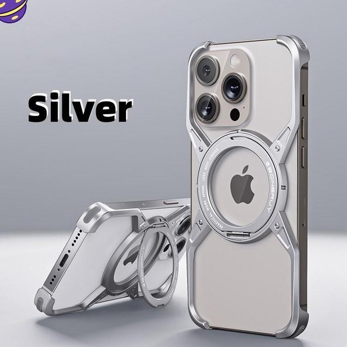 Gambar Advanced Aluminum Alloy Hollow Magnetic Phone Case Suitable for IPhone 15 14 13 Pro Max Metal Frameless Protective Casing 360° Rotating Bracket Shaped Case Ready Termurah - Silver, iPhone 15 dari JHEB Store undefined Tokopedia