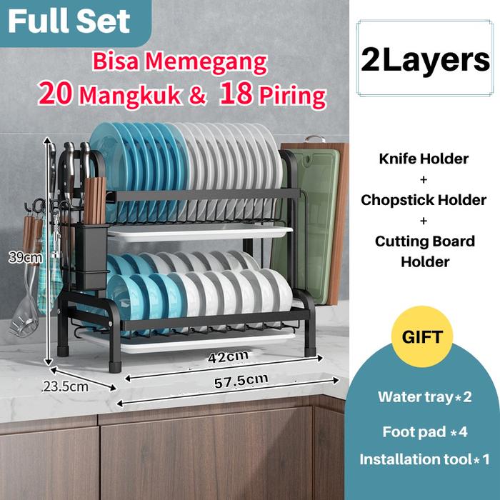 Gambar Rak Piring Stainless Steel Rak Dapur Cuci Piring Wastafel Rak Piring Penyimpanan Rak Peralatan Dapur Dengan Aksesoris 2 Susun Tingkat Peralatan Dapur - 2T 43cm Hitam dari Losiwsdw undefined Tokopedia