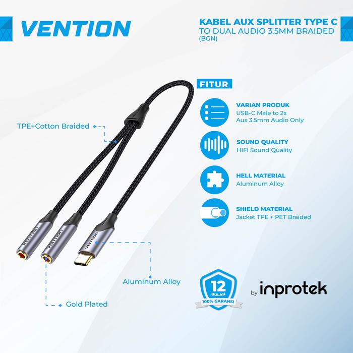 Gambar Vention Kabel Audio Splitter USB Type C to 3.5mm Aux Splitter to USB-C - Audio Only dari Inprotek undefined Tokopedia