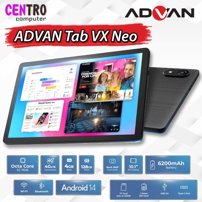 Gambar ADVAN Tab VX Neo Octa Core 4GB 128GB 10.1" IPS Screen Tablet Android 14 6200mAh Dual Sim Card dari Centro Computer undefined Tokopedia