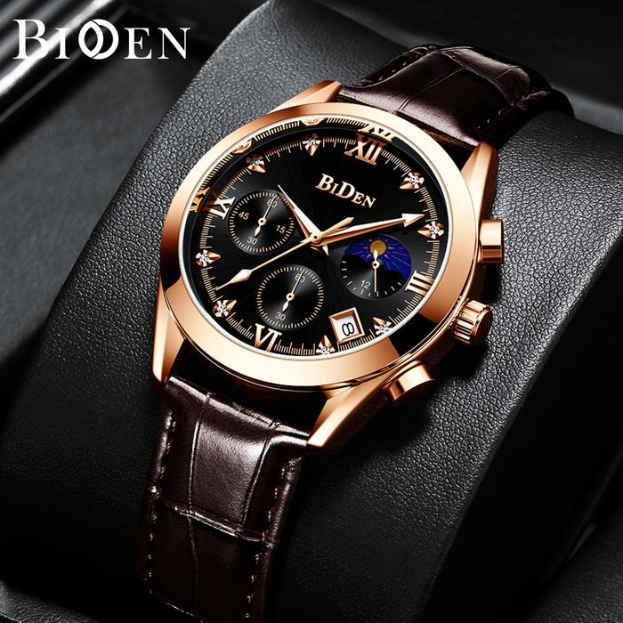 Gambar BIDEN Jam Tangan Pria Multifungsi Tali kulit Display Kuarsa Bisnis Jam - Hitam dari biden watch ID undefined Tokopedia