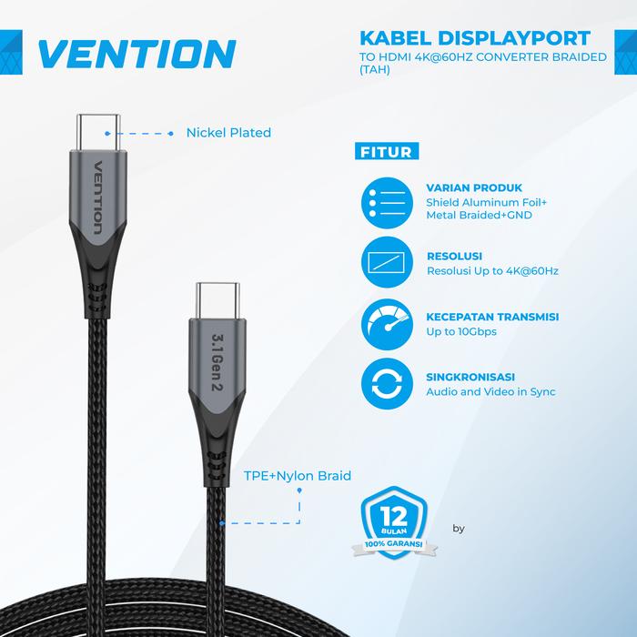 Gambar Vention Kabel USB-C PD 100W USB Type C 3.1 Gen2 Thunderbolt 4K Support - USB 3.1, 0.5 Meter dari Inprotek Kota Administrasi Jakarta Barat Tokopedia