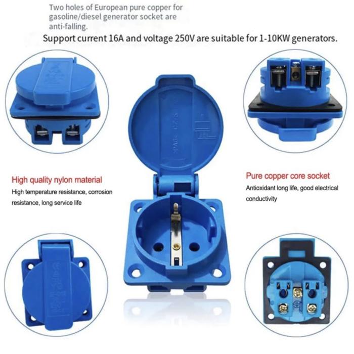 Stop Kontak Socket Plug Waterproof Copper EU 220V 16A - Hitam/Biru - Blue
