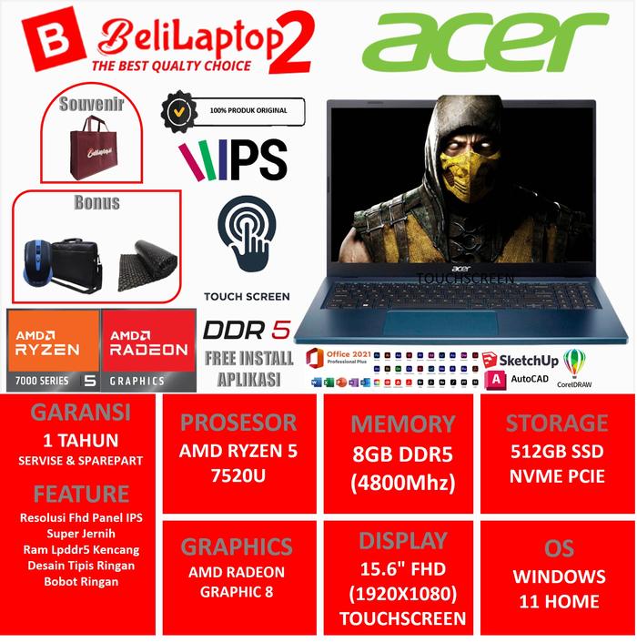 Gambar Laptop kerja acer aspire amd ryzen 5 8gb ddr5 1tb ssd 15 inch touch - 8GB|512GB 3BLN, STANDARD UNIT dari BELILAPTOP ID undefined Tokopedia
