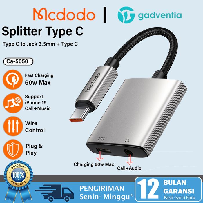 Gambar MCDODO Splitter Type C To Jack Audio 2in1 For iPhone 15 Pro Max Series - USB C+3.5mm dari GADVENTIA undefined Tokopedia