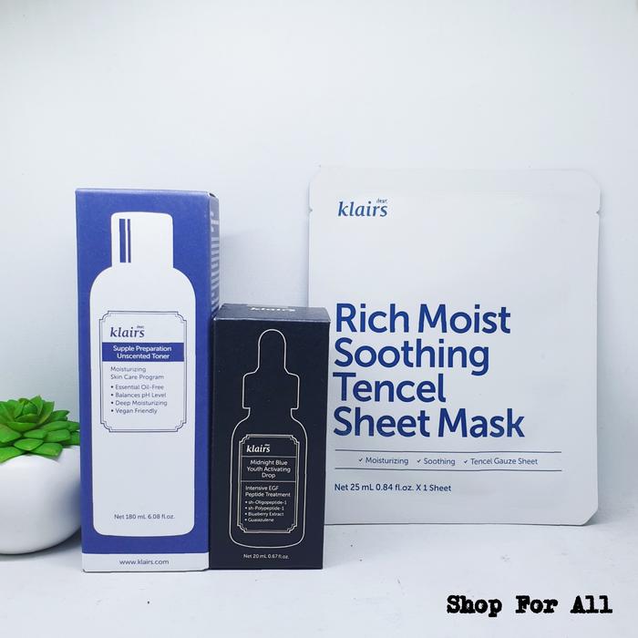 Gambar DEAR KLAIRS Midnight Blue Youth Activiting Drop (20ml) / Supple Preparation Unscented Toner (180ml) / Rich Moist Soothing Tencel Sheet Mask (1sheet) - SERUM dari Shop For All ID undefined 5 Tokopedia