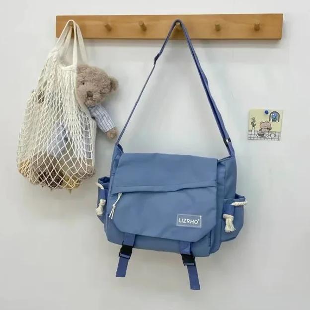 Gambar Messenger Bag Japanese Handbags School Korean Single Shoulder Girl Student Hong Kong Style Retro Large Capacity Postman Women's - Blue Single Bag dari trend do it undefined Tokopedia