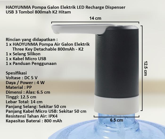 Gambar Pompa Galon Elektrik LED Recharge Dispenser USB 3 Tombol Hitam - 800mah K2 dari LEZAT STORE undefined Tokopedia