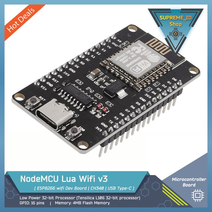 Gambar NodeMCU Lua Microcontroller ESP8266 Wifi Wireless IoT Control Dev Board | v.3 - CH340 / OEM - CP2102 / Improvement CH9102-X - CH340 | Type-C dari Supreme ID undefined Tokopedia