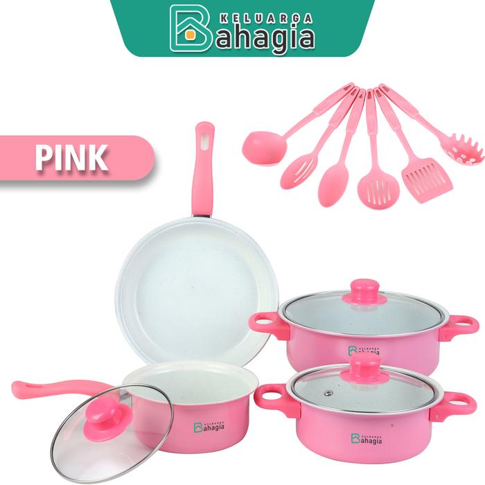 Gambar [KB] Cookware 13in1 Panci Set Stainless Steel 7pcs Dengan Tutup Kaca Spatula 6pcs - Set13in1-Pink dari Keluarga BahagiaOfficial undefined Tokopedia