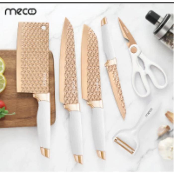 Gambar Mecoo Most Aesthetic 6 in 1 MECOO - Antibacterial Knife Set Pisau Dapur Anti Lengket Titanium Rose Gold / Pisau Set / Pisau Dapur - Putih dari RKJ beauty undefined Tokopedia