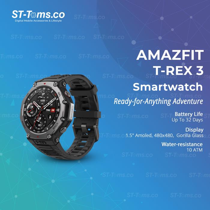 Gambar Amazfit T-Rex 3 / TRex 3 Smartwatch 1.5" AMOLED Screen GPS SpO2 10 ATM Waterproof - Onyx Black dari ST-Toms.co undefined Tokopedia