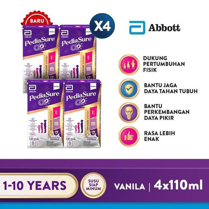 Gambar Pediasure Go UHT 4x110 ML - Nutrisi Pertumbuhan Anak - Pediasure Tetra Single Pack 1-10 Tahun Rasa Cokelat - Vanilla - Vanilla X4 dari Affan Susu Shop undefined 4 Tokopedia