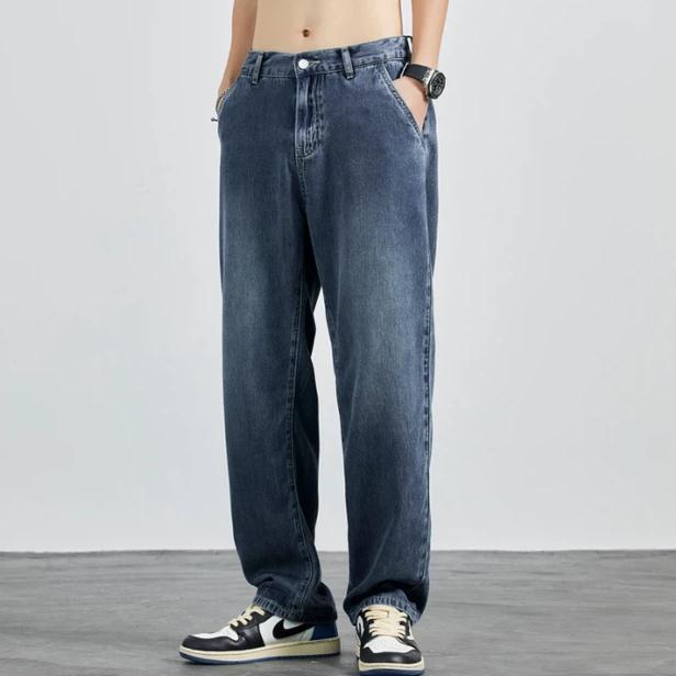 Gambar KUBRO FASHION MEN'S LYOCELL TENCEL JEANS 2024 SUMMER SIMPLE LOOSE STRAIGHT WIDE LEG PANTS THIN CASUAL VERSATILE DENIM TROUSERS - Navy blue, XXL dari toki yuk undefined Tokopedia