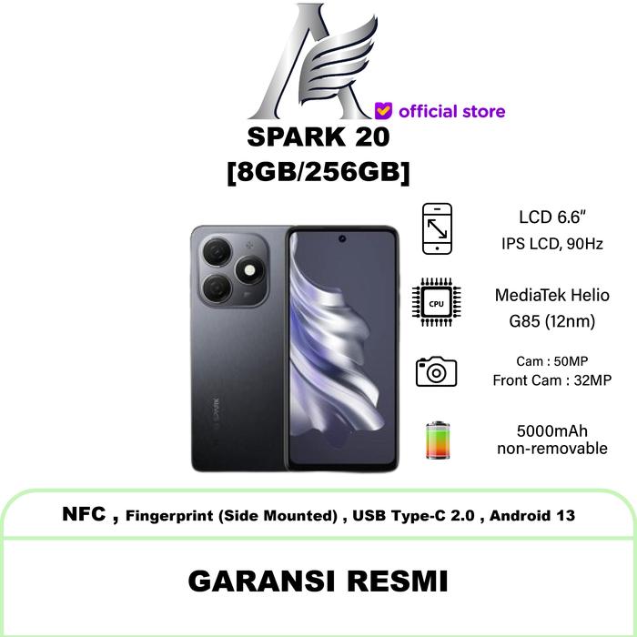 Gambar Tecno Spark 20 NFC 8/256 Garansi Resmi - Flash Black dari Hpsupermurah_NEW undefined Tokopedia