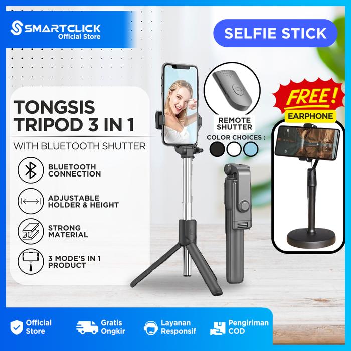 Gambar Tripod Bluetooth Remote 3 in 1 With Led Light Tongsis Selfie Stick - Holder HP, Black, Ekstra Bubble dari SmartClick.id undefined Tokopedia