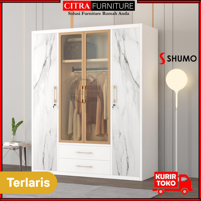 Gambar SHUMO Lemari Pakaian Besi 4 Pintu Extra Large Ayun Swing Minimalis Lampu LED | Lemari Baju Anti Jamur - MOTIF-A, DIRAKIT dari Citra furniture undefined Tokopedia