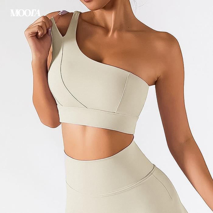 Gambar MOOTA Atasan Olahraga High Stretchy One Shoulder Strap Women Yoga Bra - Cream dari Moota_Sportwear undefined Tokopedia
