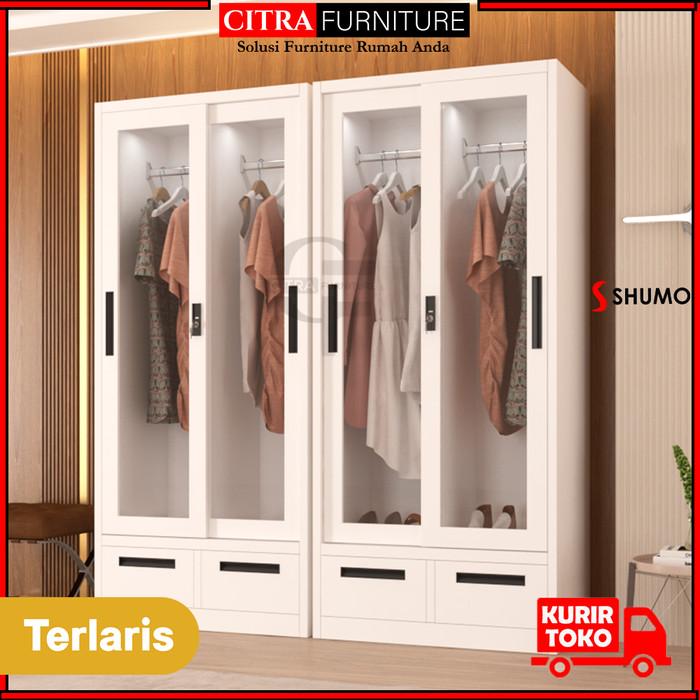 Gambar SHUMO Lemari Pakaian Gamis Besi 4 Pintu Sliding Full Kaca LED | Lemari Sleding Display Baju - MOTIF-A, DIRAKIT dari Citra furniture undefined Tokopedia