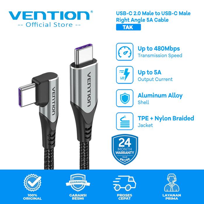 Gambar Vention Kabel USB C to C 90 Degree PD Power Delivery Braided - TAK 5A 1 Siku, 0.5 Meter dari Vention Official Store undefined Tokopedia