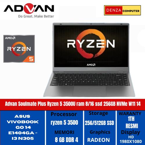 Gambar laptop Advan Soulmate Plus Ryzen 5 3500U ram 8/16 ssd 512GB NVMe W11 14"HD Resmi - SSD 256GB, 8 gb dari DENSACOM STORE undefined Tokopedia