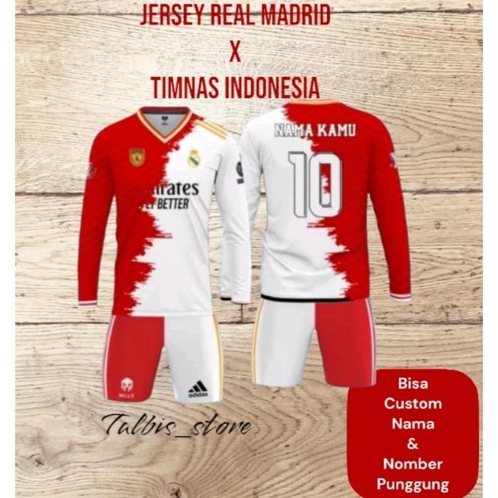 Gambar READY STOK JERSEY REAL MADRID JUARA LIGA CHAMPIONS X TIMNAS INDONESIA 2024 TANGAN PANJANG Full Printing, Free Custom Nama & Nomor Punggung Baju kaos fans Ronaldo - ATAS & BAWAH, S dari CV OVITO undefined 5 Tokopedia