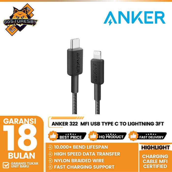Gambar Anker 322 Kabel Charger MFI USB Type C to Lightning 3FT - A81B5 - Black dari GGSTORESBY undefined Tokopedia