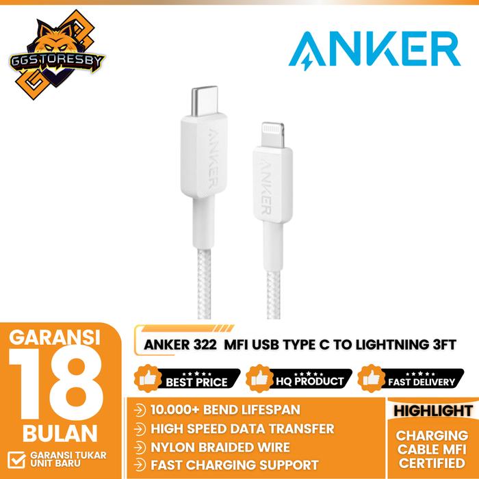Gambar Anker 322 Kabel Charger MFI USB Type C to Lightning 3FT - A81B5 - White dari GGSTORESBY undefined Tokopedia