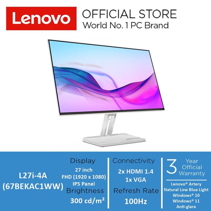 Gambar Lenovo Monitor L27i-4A 27" FHD IPS Panel 100Hz Anti-glare dari Lenovo Monitor Official Store undefined Tokopedia
