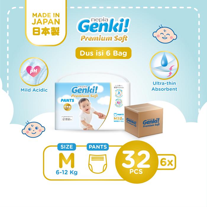 Gambar [Dus Pack] NEPIA GENKI Popok Bayi Pants Popok Celana Bayi Diapers Premium Soft M32 / L30 / XL26 / XXL18 / M58 / L44 / XL38 / XXL26 - M32 dari Nepia Genki & Neppi undefined Tokopedia