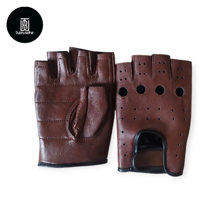 Gambar sarung tangan motor kulit asli half pria ready big size jumbo XXL XXXL - Cokelat, XXXL dari Rupina Leather undefined Tokopedia