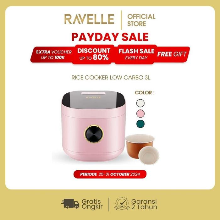 Gambar Ravelle Rice Cooker Digital Low Carbo 1.2 Liter Nasi (3 Liter) Ultima White - Penanak Nasi Low Watt ( Stainless Steel Inner Pot ) Promo Terbatas - Ceramic Pink 3L dari tasris store undefined Tokopedia